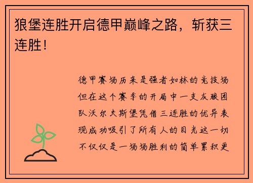 狼堡连胜开启德甲巅峰之路，斩获三连胜！