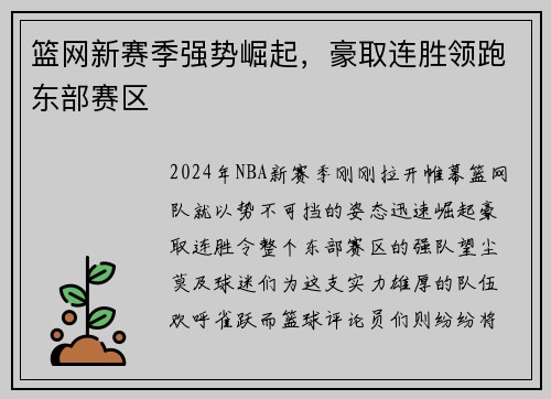 篮网新赛季强势崛起，豪取连胜领跑东部赛区