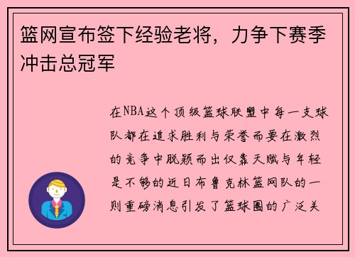 篮网宣布签下经验老将，力争下赛季冲击总冠军
